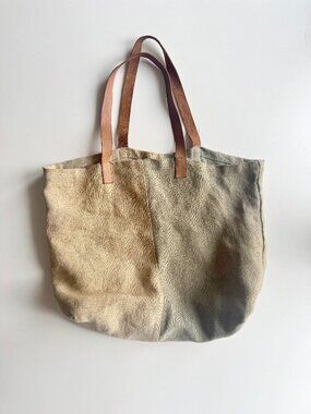 INDABA Beige Grey 100% Hemp Brown Leather Strap Tote Market Bag Purse